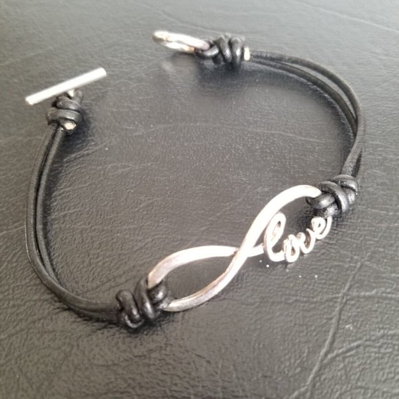 Sterling Silver Love Infinity Genuine Black Leather Handcrafted Cord Bracelet - Picture 1 of 9